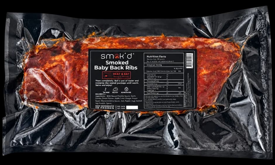 Smok'd Baby Back Ribs approved vacuum-sealed pack