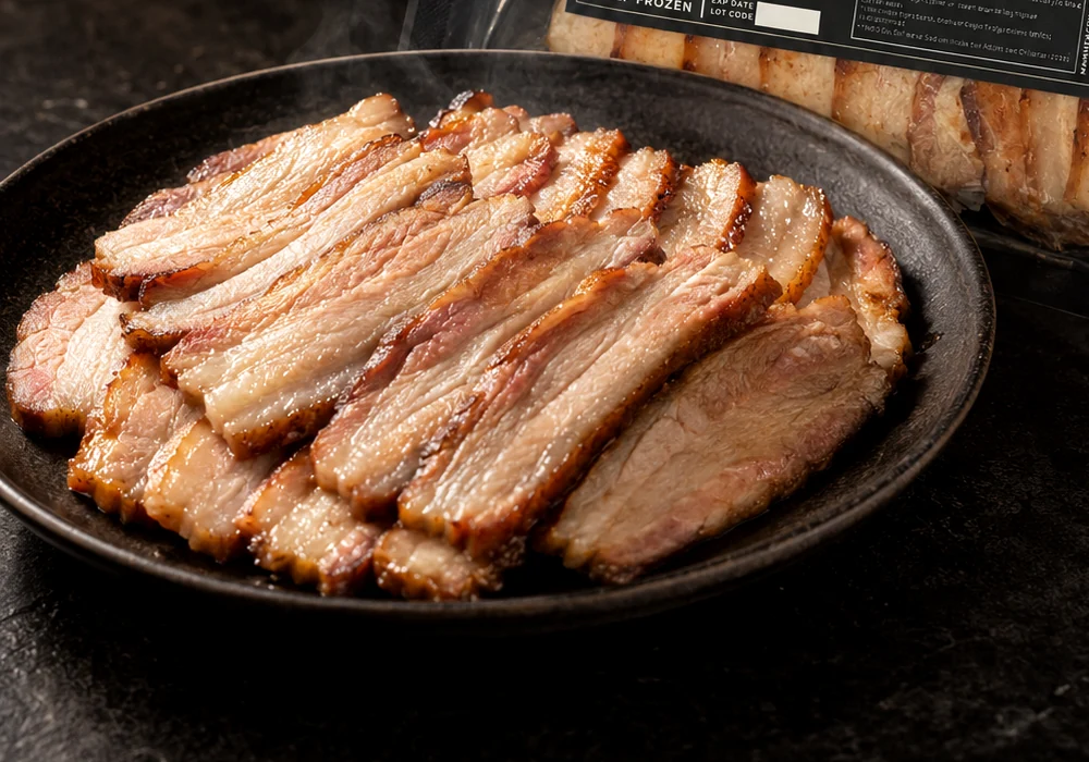 Smok'd sliced pork belly served on a dark plate